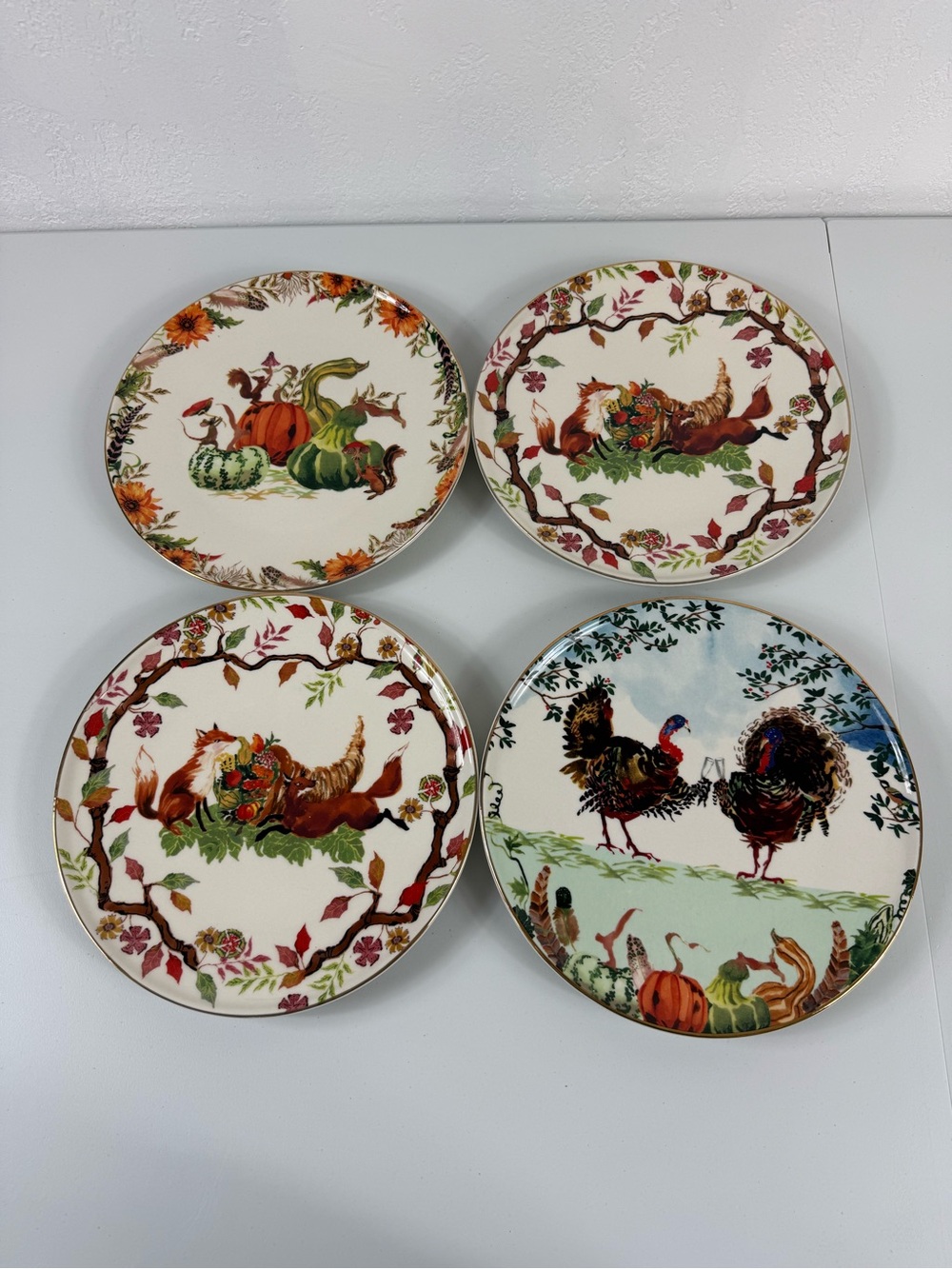 Anthropologie Inslee Fariss Autumn Bounty 4 Side Plates Gourd Fox Turkey NEW